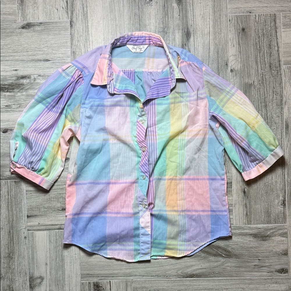 Vintage  Cheryl Tiegs Colorful Pastel Plaid Button Down Shirt